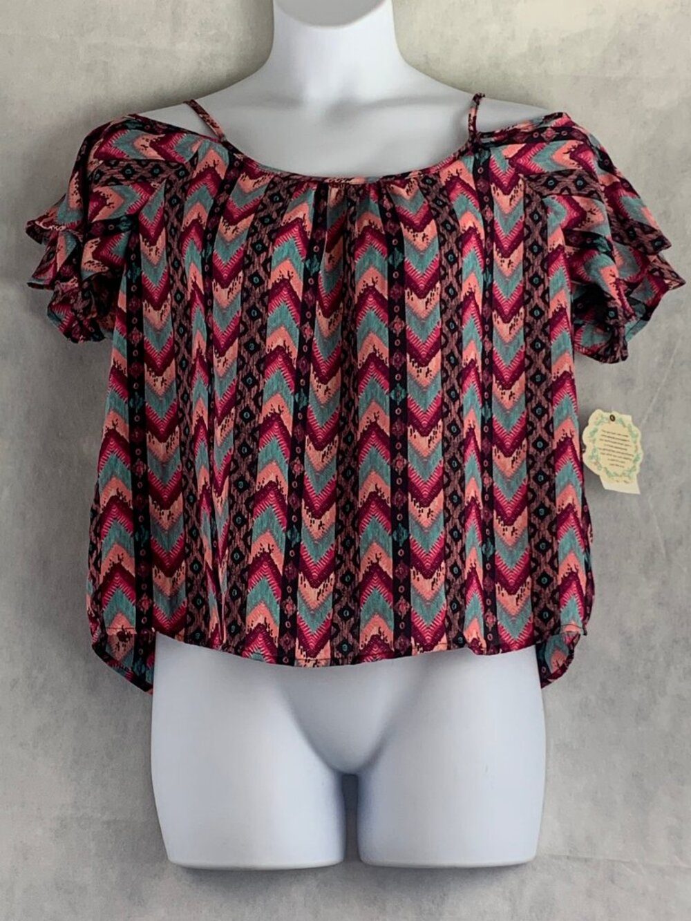 Belle Du Jour Juniors Cold Shoulder Short Sleeve Blouse, Pink Multi, Large